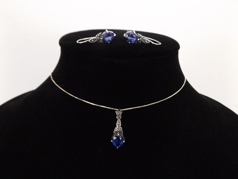 lot 25 image: .925 Sterling Silver Art Nouveau Sapphire Crystal Pendant, Necklace and Earring SET