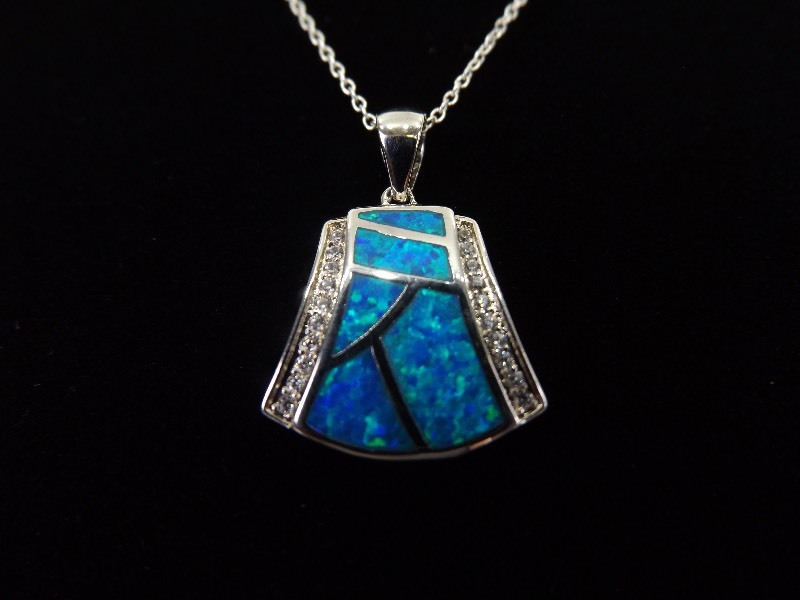 lot 29 image: NEW .925 Sterling Silver Opal Shield Pendant and Necklace