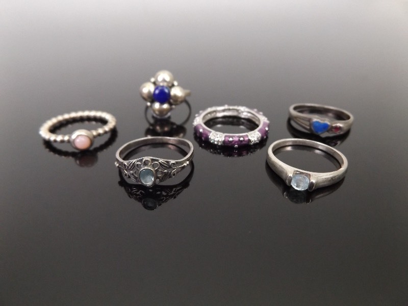 lot 49 image: .925 Sterling Silver Lot of 6 Rings with Stones, Sizes 5.5 to 7.5