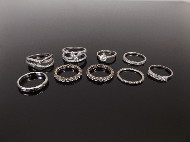lot 50 image: .925 Sterling Silver Lot of 9 Rings with Crystals, Sizes 6 to 9