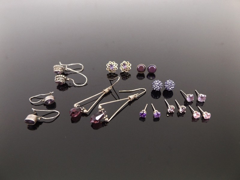 lot 64 image: .925 Sterling Silver Lot of 10 Pairs of Amethyst, Purple Crystal etc., Earrings