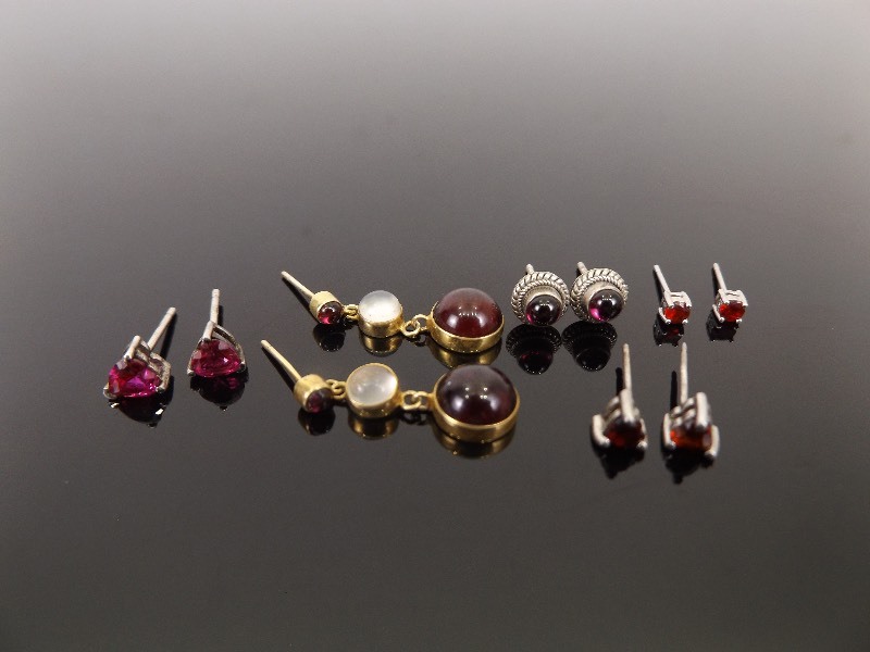 lot 67 image: .925 Sterling Silver Lot of 6 Pairs of Garnet, Red Crystal etc., Earrings
