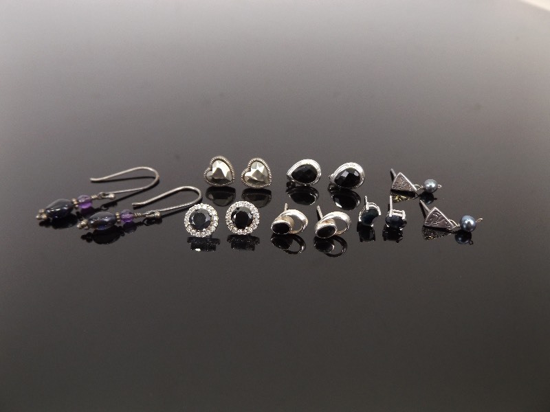 lot 68 image: .925 Sterling Silver Lot of 7 Pairs of Onyx, Black Crystal etc., Earrings
