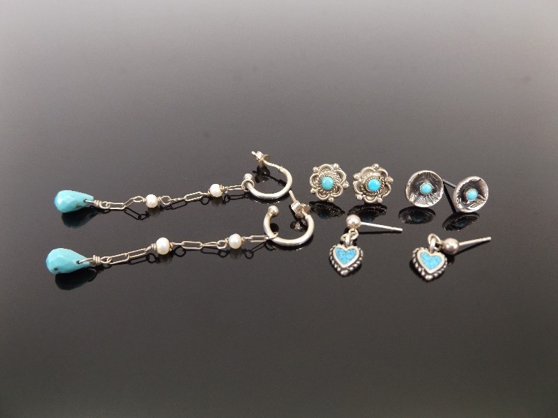 lot 69 image: .925 Sterling Silver Lot of 4 Pairs of Turquoise, Howlite, etc., Earrings