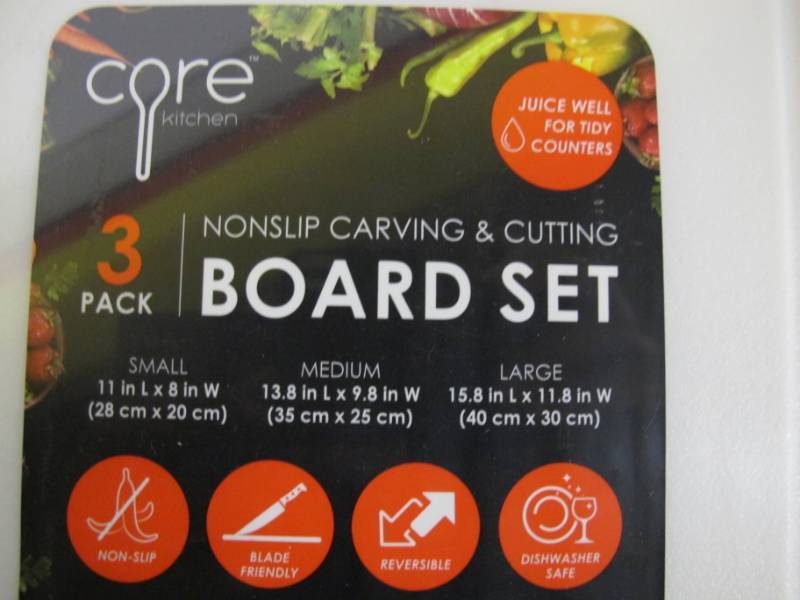 lot 52 image: NEW Core Kitchen 3-Pk Non-slip Carving and Cutting Board Set with Built-in Handles