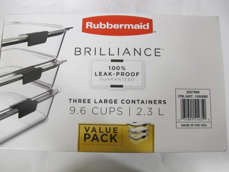 Rubbermaid Brilliance Food Storage Container, Large, 9.6 Cup, Clear, 3-Pack, HUGE: Patio Umbrellas, New Clothing, Power Tool Accessories, General  Merchandise, Cookware, and much more!!!