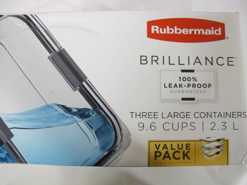 Rubbermaid Brilliance Food Storage Container, Large, 9.6 Cup, Clear, 3-Pack, HUGE: Patio Umbrellas, New Clothing, Power Tool Accessories, General  Merchandise, Cookware, and much more!!!
