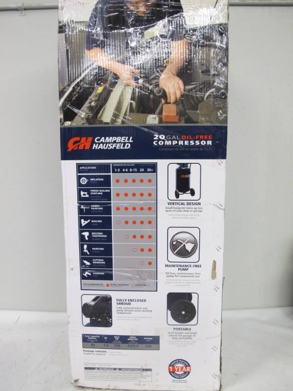 lot 203 image: Campbell Hausfeld 20 Gallon Oil-Free Air Compressor (DC200100) - Bad