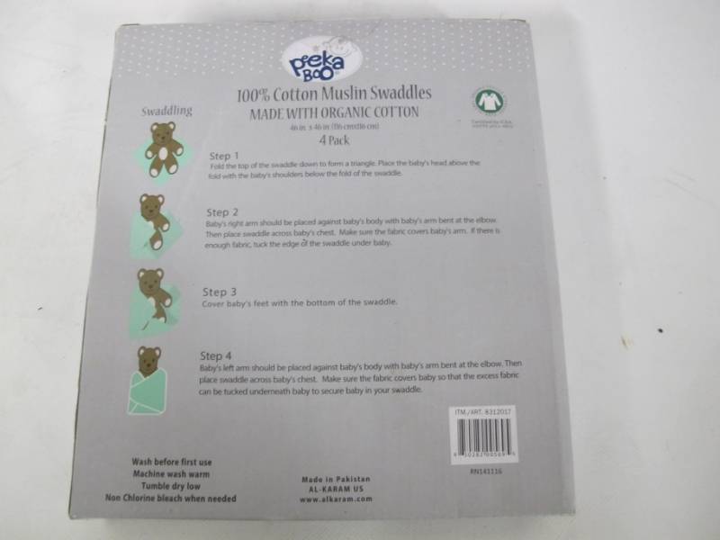 lot 93 image: NEW Peekaboo Organic 100% Cotton Muslin Swaddles - 4 pack - Assorted ColorsPrints