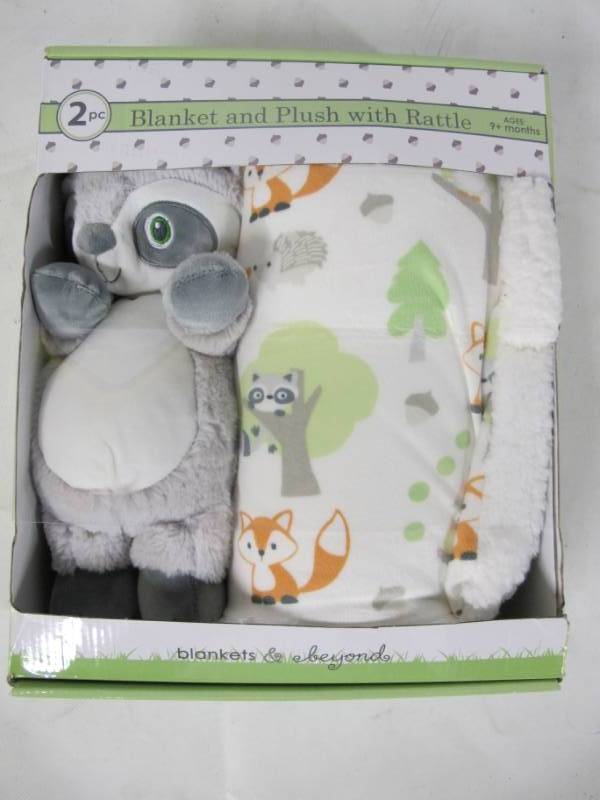 Blankets and Beyond 2 Piece Set Plush Blanket Set with Raccoon Rattle Toy HUGE Patio Umbrellas New Clothing Power Tools Garden Decorations General Merchandise Cookware and much more K BID