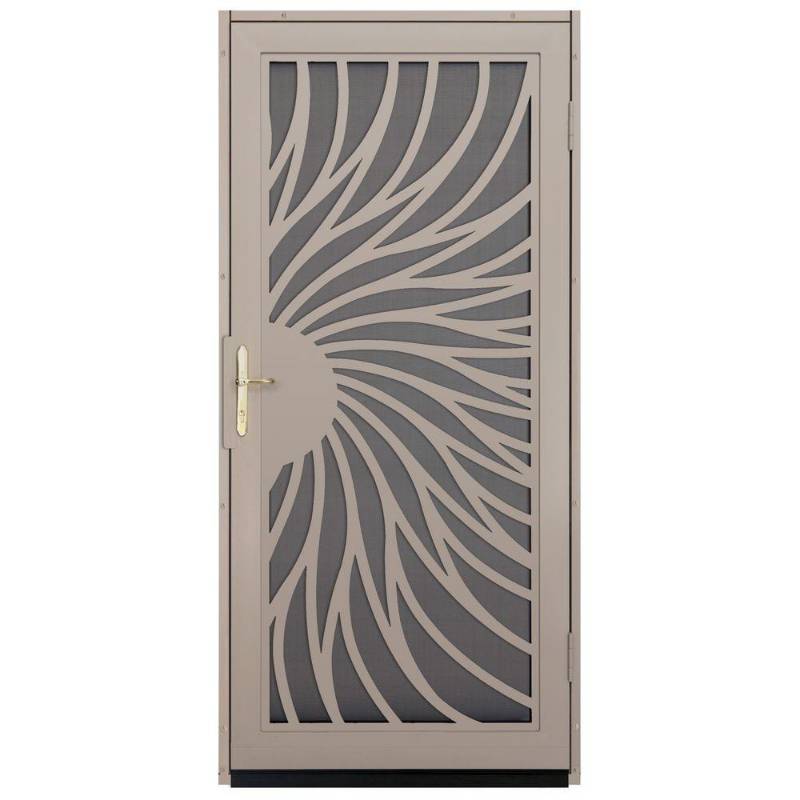 lot 61 image: Unique Home Designs 36 in. x 80 in. Solstice Tan Surface Mount Steel Security Door. Missing Hardware, IDR31000362145