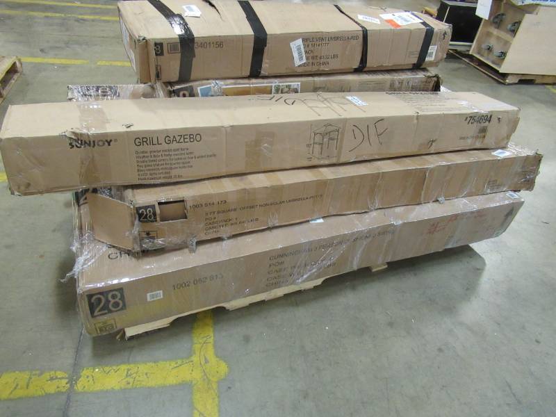 lot 7 image: WHOLESALE MIXED PALLET OF RETURNS - OUTDOOR GAZEBOS, UMBRELLAS AND SWINGS