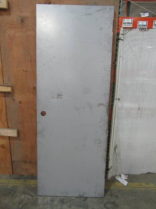 lot 63 image: L.I.F. Industries 30 in. x 80 in. Gray Flush LH or RH Swing Fire Proof Steel Commercial Entrance Door Slab. Single Bore. - Some Scratches.
