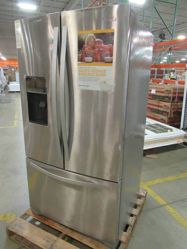 lot 10 image: Whirlpool 36 in. W 26.8 cu. ft. French Door Refrigerator in Monochromatic Stainless Steel WRF767SDEM - Slight ding on RH Door.