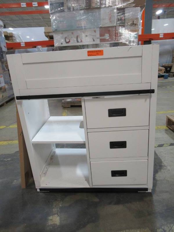 lot 133 image: Style Selections Morriston White Single Sink Vanity Cabinet 29 X 19 X 34 Tall WSL30BVW - Missing Top Trip on sides.