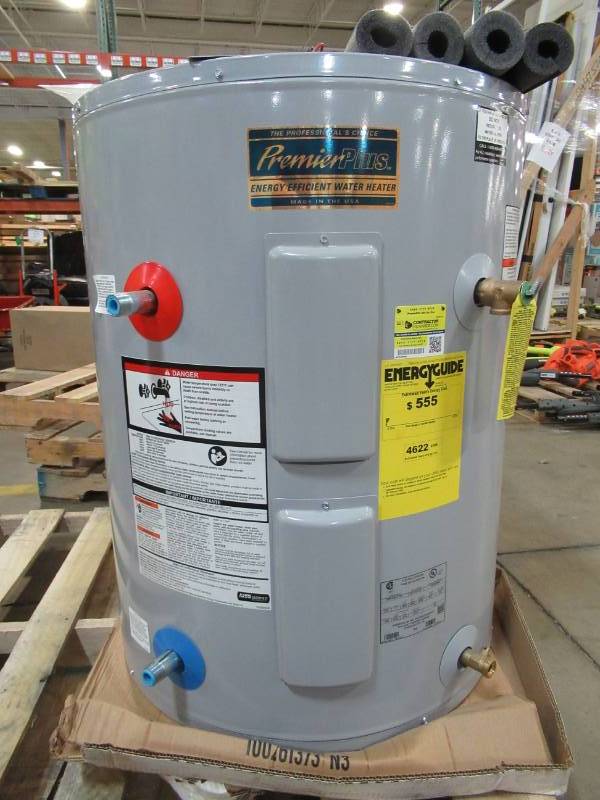 lot 16 image: American Water Heater Premier PlusProLine 40 Gal. Lowboy 240-Volt 4500-Watts Electric Water Heater wSide Mount T and P Relief Valve, E6N-40L - BRAND NEW NEVER INSTALLED.