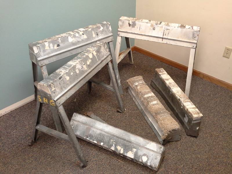 lot 70 image: Lot of (6) Metal Folding Sawhorses with Wood Top