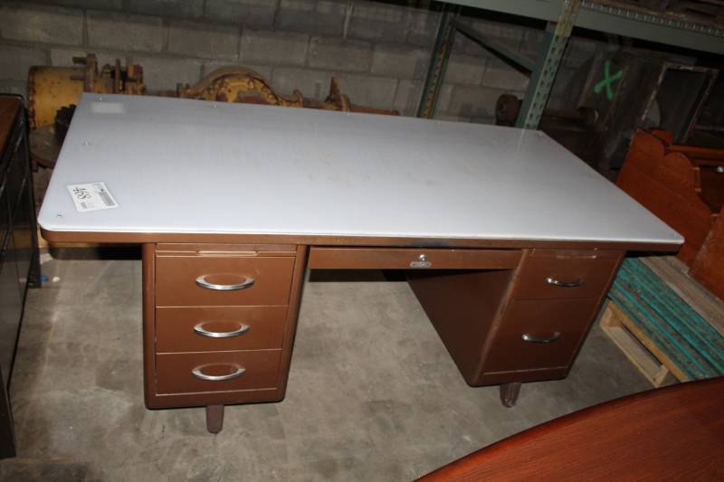 Steel Age Metal Office Desk With 6 Locking Drawers Pull Out Tray