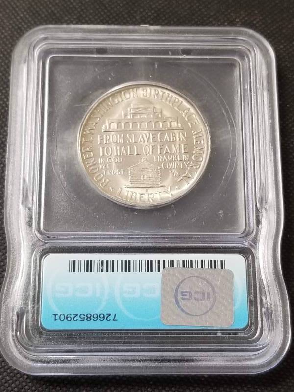 lot 37 image: 1946-S SILVER COMMEMORATIVE HALF DOLLAR BOOKER T WASHINGTON MS64 ICG