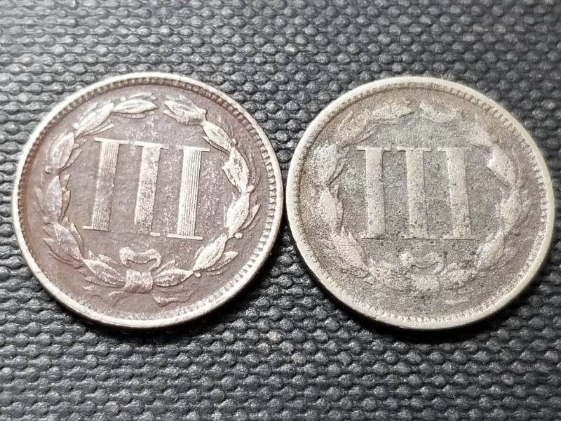 lot 43 image: 2 THREE CENT NICKELS 1865 1868