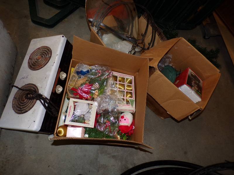 lot 64 image: Vintage Christmas Balls, lights, burner, and mirror