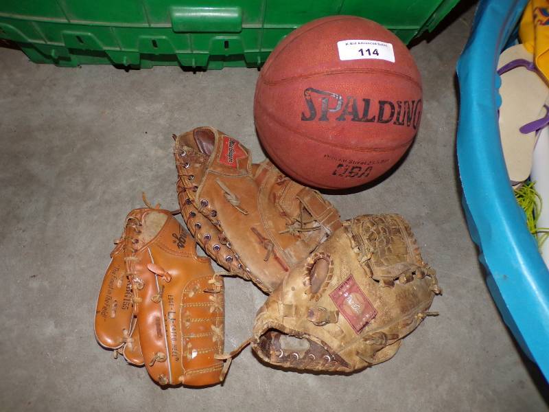 lot 114 image: 3 Baseball mitts and Basketball