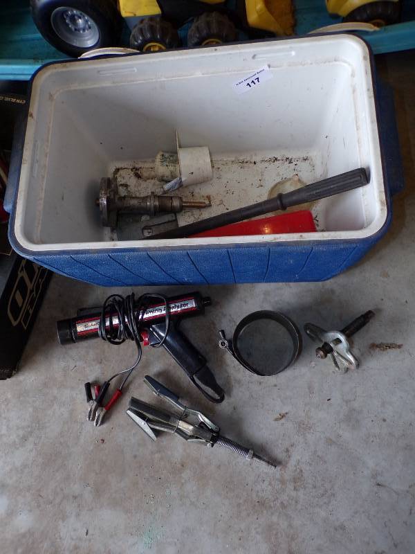 lot 117 image: Tools Sears Timing Light Piston Ring Compressor, Cylinder Hone, Vibration Daptner Puller