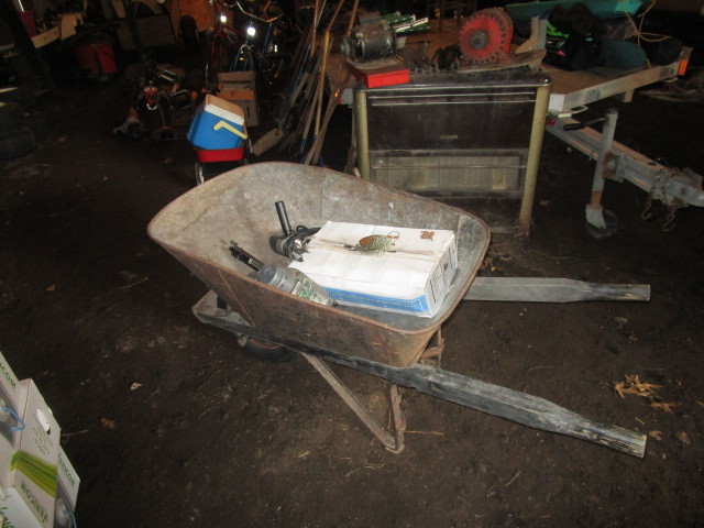 lot 153 image: WHEELBARROW, FRAMING NAILER, ELECT DRILL, ROOFING NAILS