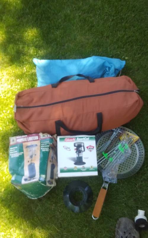 lot 10 image: 4-Person Tent, 2-Person Tent, Propane Lantern, Heater, Pan, Tent Stakes