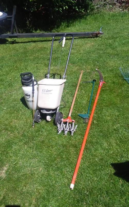 lot 13 image: Garden Sprayer, Broadcast Spreader, Weed Popper, Limb Saw, Cultivator