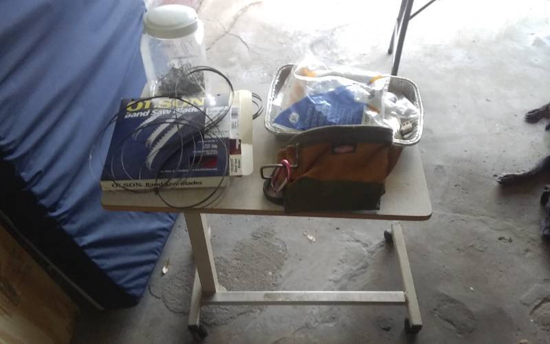 lot 45 image: Tool Pouch, Band Saw Blades, Hardware, Rolling TableStand