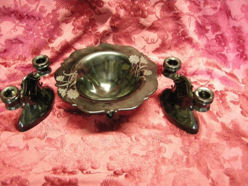 lot 31 image: Vintage Black Milkglass Console Set