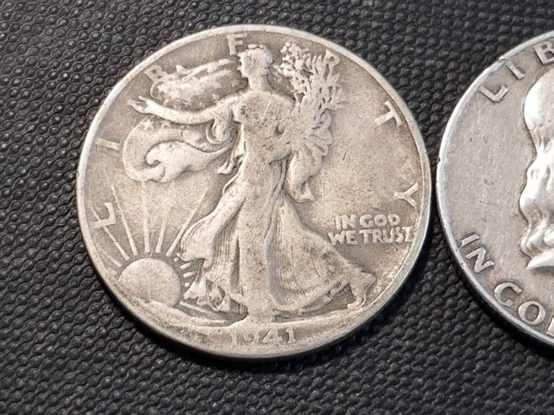 lot 11 image: 2 SILVER HALF DOLLARS 1941-D WALKING LIBERTY 1957-D FRANKLIN