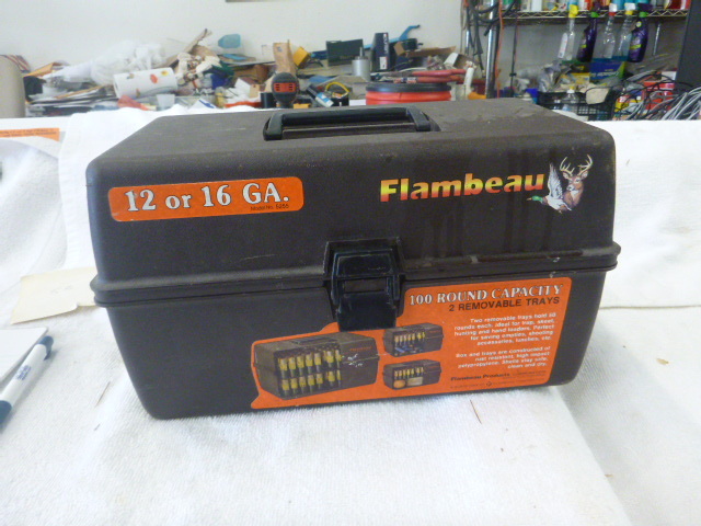 lot 10 image: Ammo Box with 12 or 16 Gauge Shotgun Shells