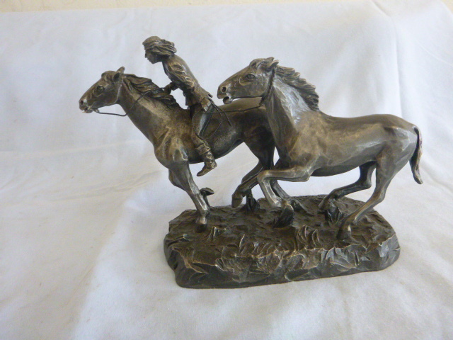 lot 54 image: Native American with Two Horses Pewter Statute