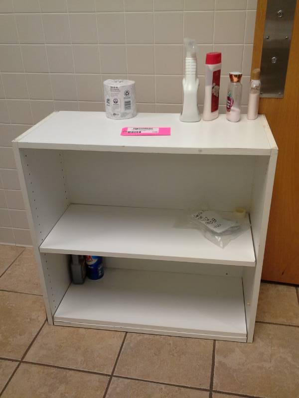 lot 120 image: 3-Shelf Bookcase, Cleaners, Toilet Paper Roll
