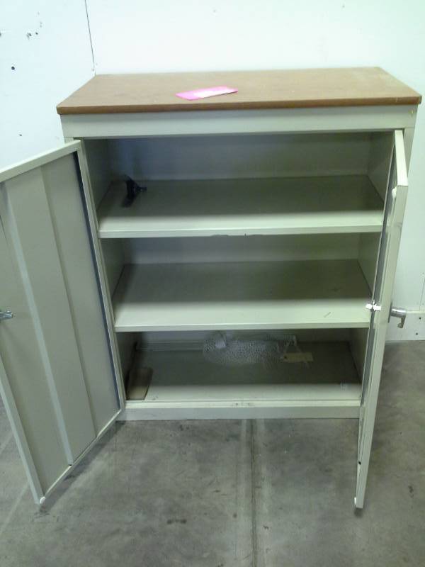 lot 121 image: Metal Office Supply Cabinet with 2-Doors, 3-Shelves, Wood Top