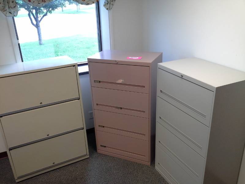 lot 145 image: Lot of (3) Metal Lateral File Cabinets with 34-Locking Drawers