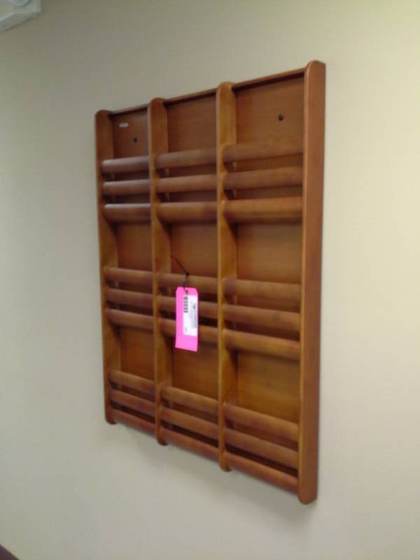 lot 147 image: Safeco Wood Wall-Mount 9-Bin Magazine Rack
