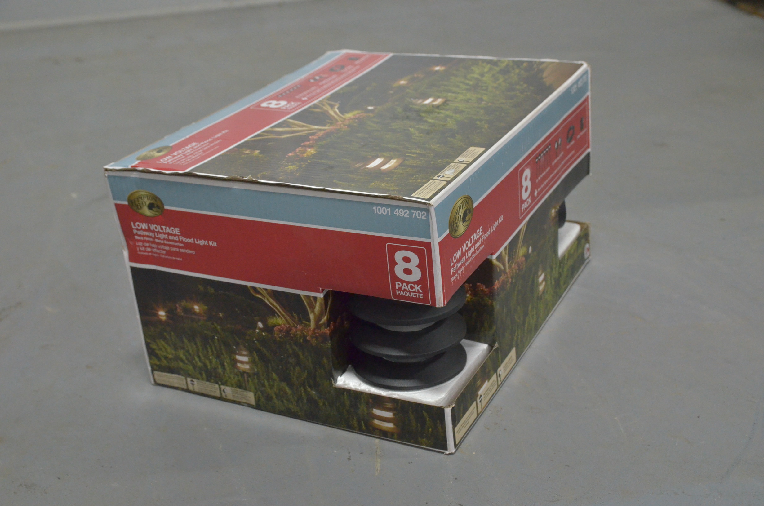 lot 15 image: Hampton Bay Low-Voltage Black Outdoor Halogen Landscape Path Light and Flood Light Kit with Transformer (8-Pack)