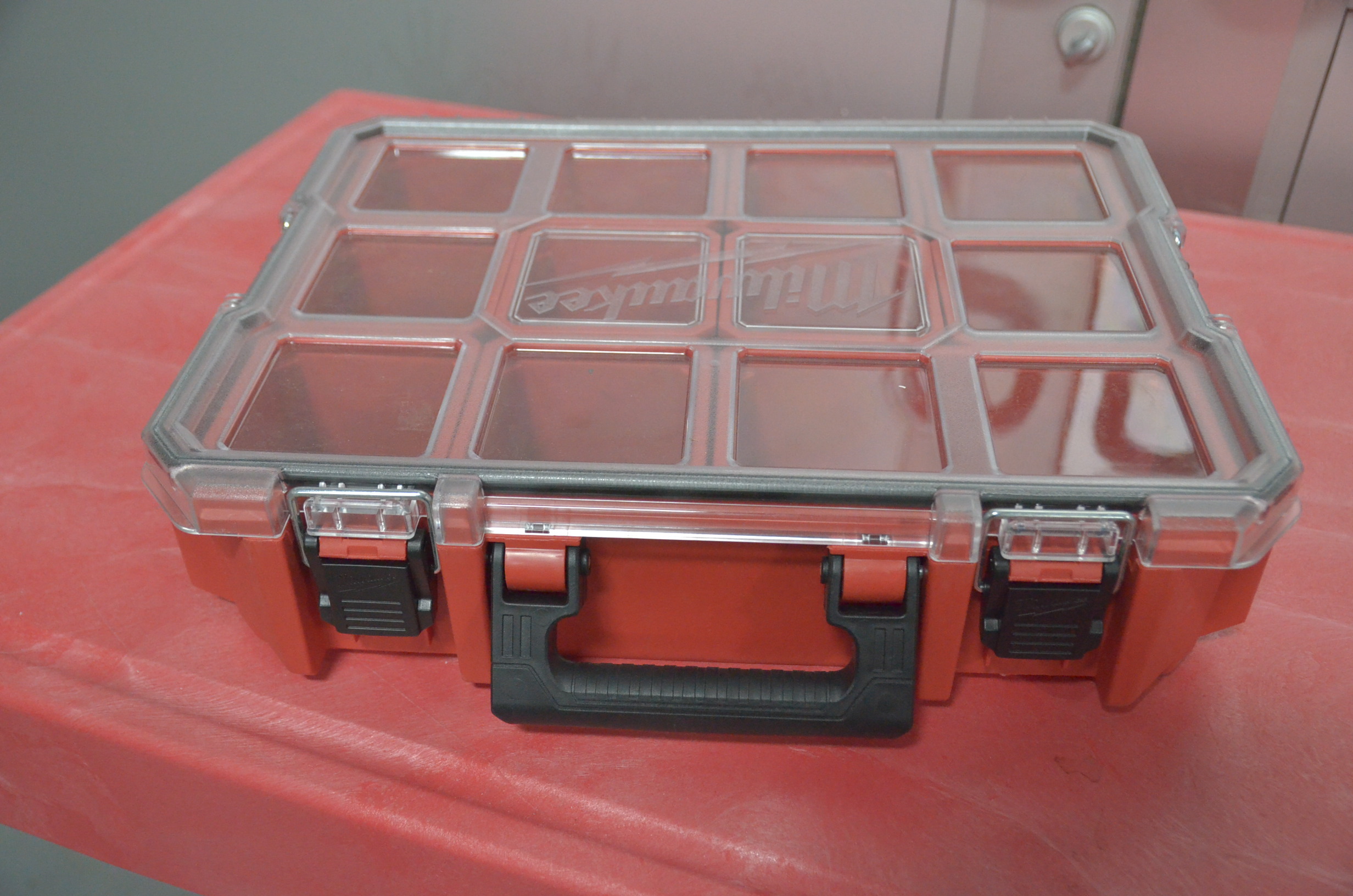 lot 100 image: Milwaukee 10-Compartment Red Deep Pro Small Parts Organizer