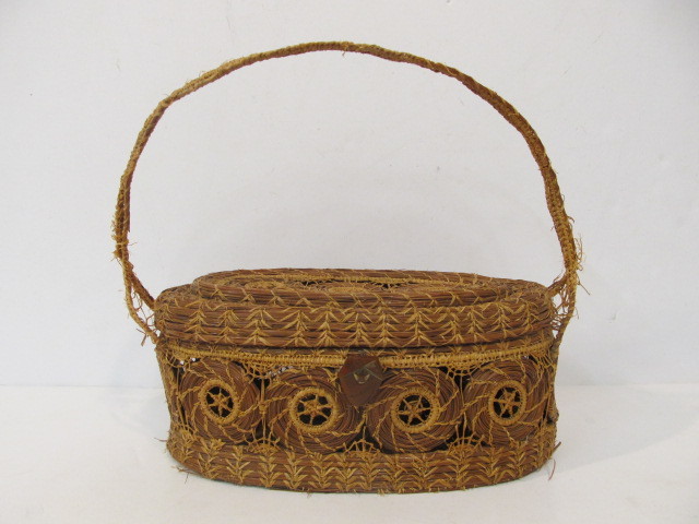 lot 142 image: Antique Ornate Folk Art Pine Needle Basket
