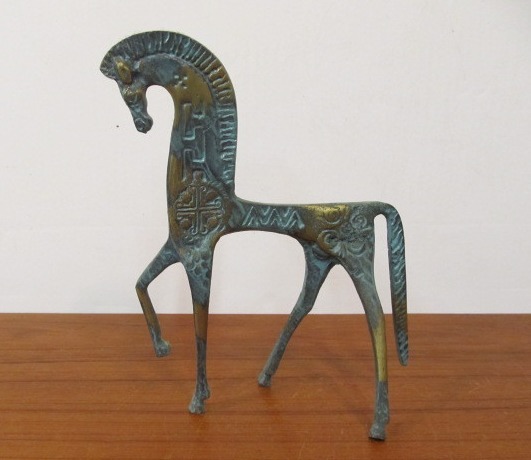 lot 60 image: Vintage Mid Century Frederick Weinberg Style Etruscan Painted Brass Horse Sculpture