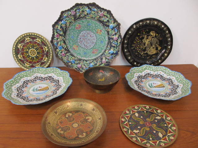 lot 51 image: Nice Group of Vintage Hand Painted Enameled Brass Metal Plates
