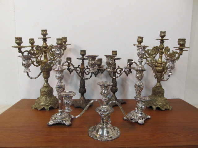 lot 58 image: Lot of Old Vintage Brass & Silverplated Candle Holders & Stands