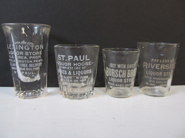 lot 293 image: Group of 4 Antique Saint Paul & Minneapolis Shot Glasses