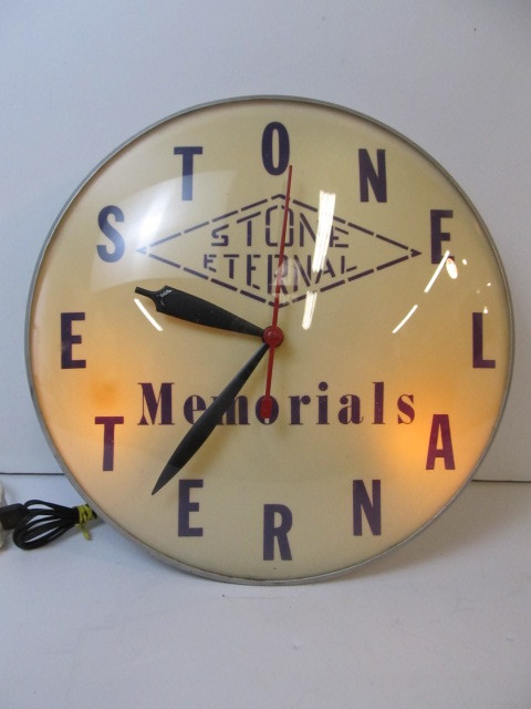 lot 193 image: Vintage STONE ETERNAL Memorials Cemetery Gravestone Lighted Advertising Clock