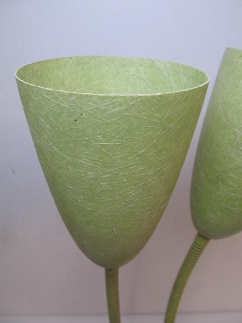lot 224 image: Vintage Mid Century Dual-Head Gooseneck Lamp wGreen Fiberglass Shades
