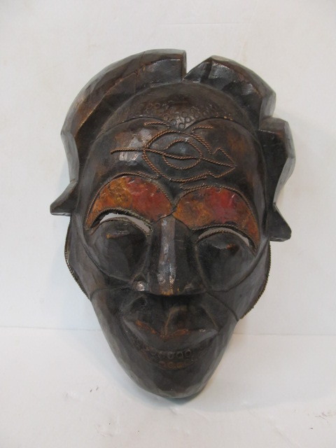 lot 238 image: Pair of Large Old Vintage Hand Carved African Tribal Masks w Copper Decoration