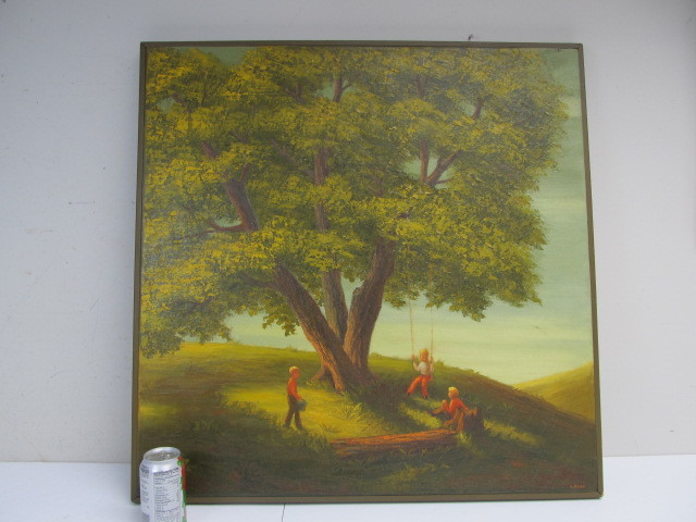 lot 242 image: Very Nice Vintage Oil On Canvas Painting - Children Playing Under Tree - Roseville Artist